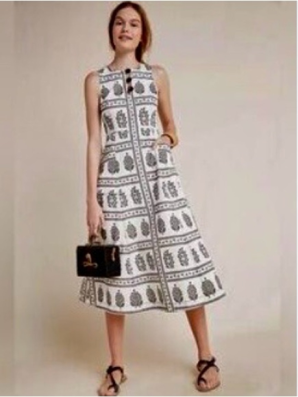 Anthropologie Black&White Sleeveless Sheath Dress w/ unique  block print pattern
